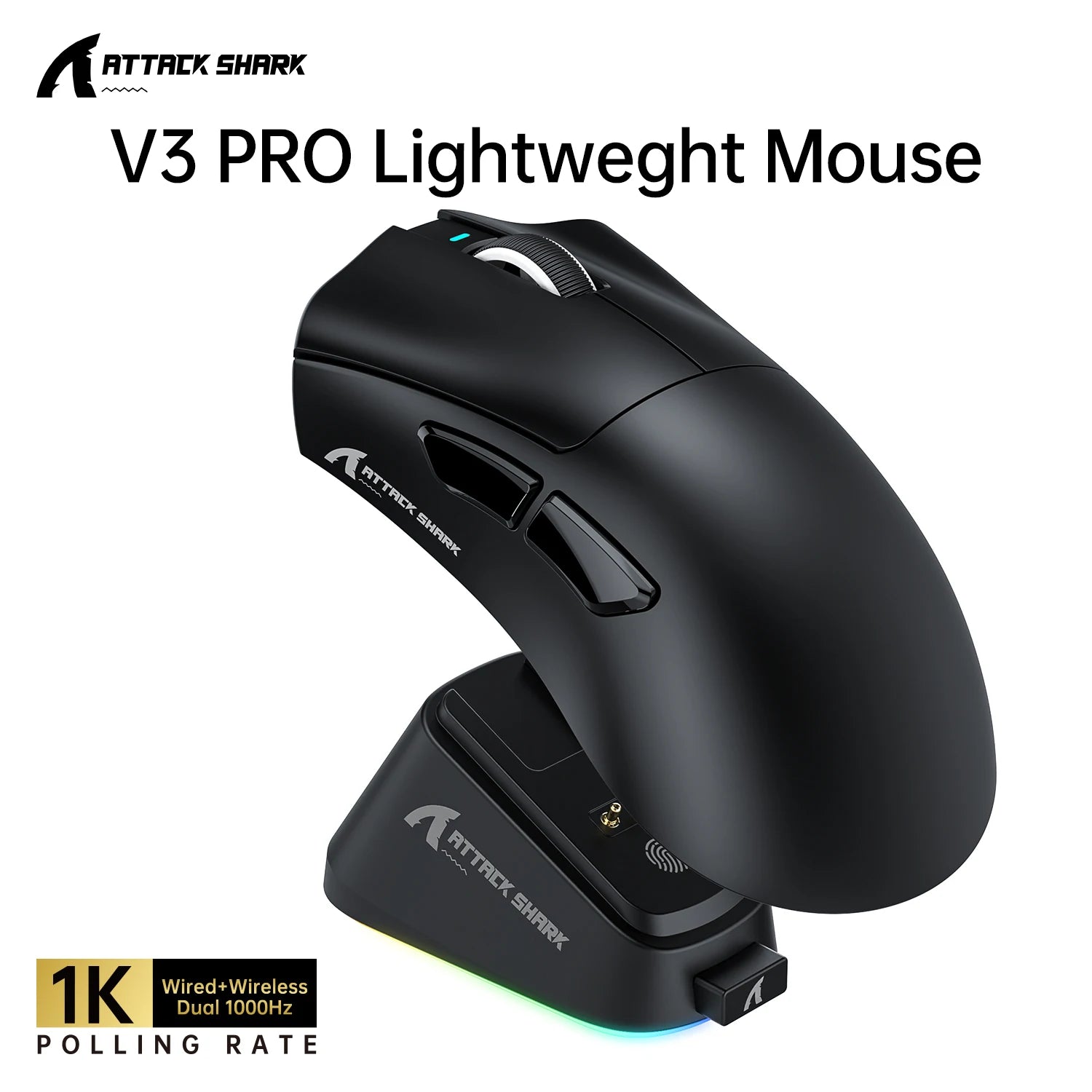 Mouse Gamer Ultra-Leve ATTACK SHARK V3PRO com Base de Carregamento, Conexão Sem Fio 2.4G/Bluetooth/Com Fio, 25000DPI, Taxa de Polling de 1000hz