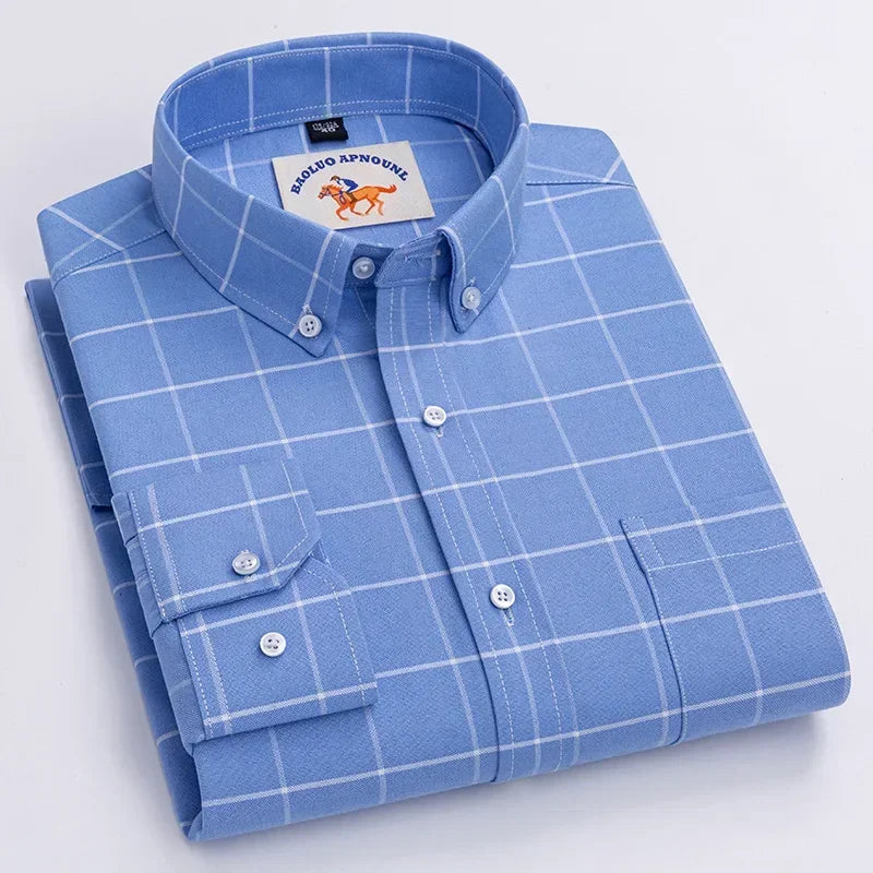 Casual puro algodão oxford camisas masculinas manga longa bordado cavalo design regular ajuste moda botão homem vestido branco camisa