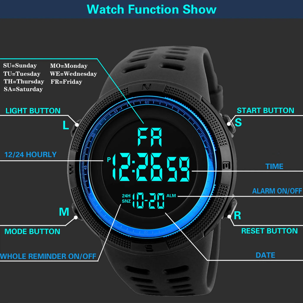 Relógio esportivo digital masculino, à prova d'água, casual, luminoso, cronômetro, alarme, relógio militar simples para corrida, escalada, pesca