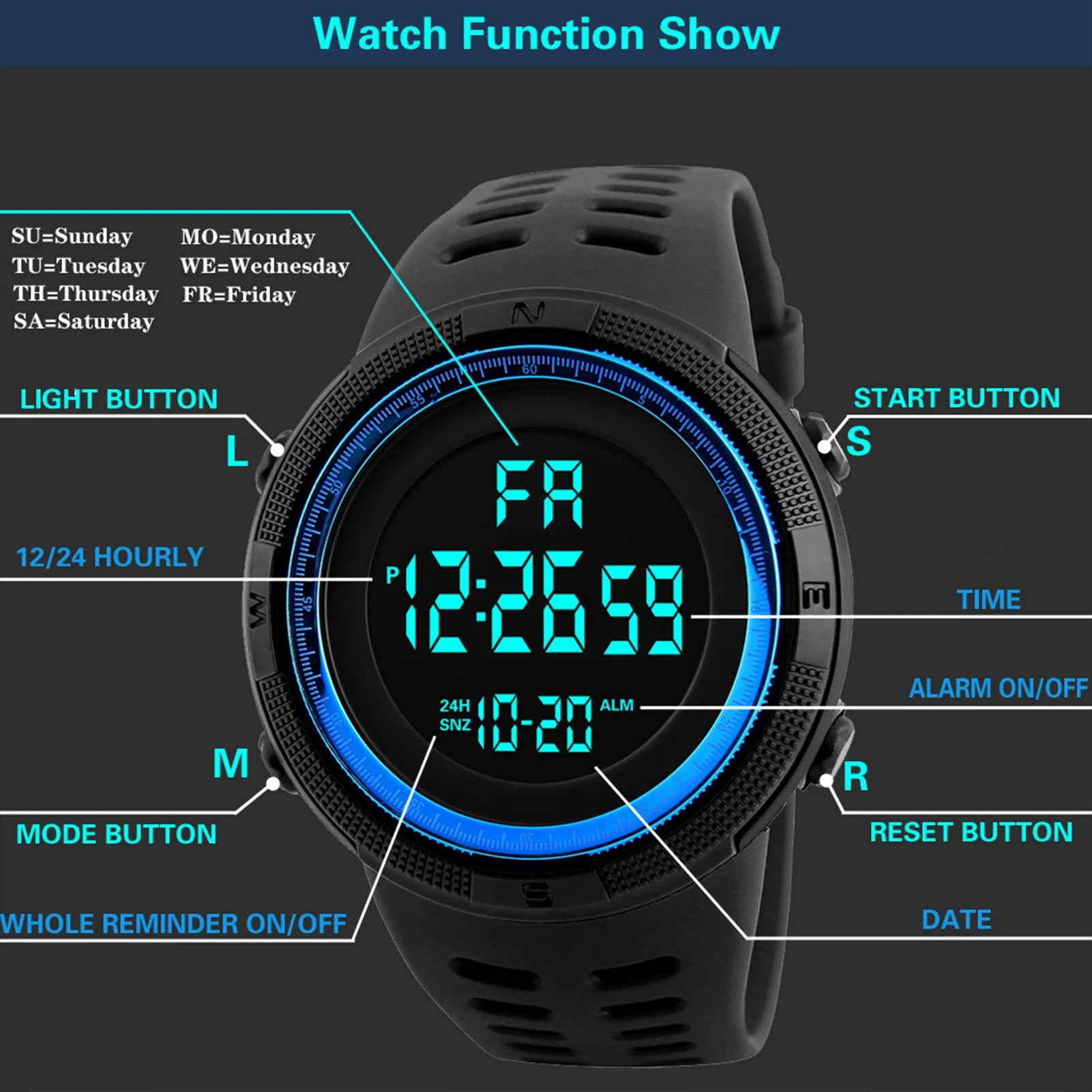 Relógio esportivo digital masculino, à prova d'água, casual, luminoso, cronômetro, alarme, relógio militar simples para corrida, escalada, pesca