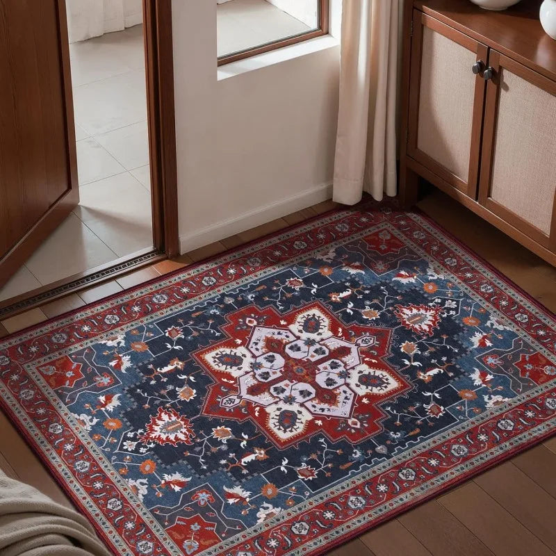 Tapete Vintage Estilo Persa Macio Antiderrapante para Decoração Interna e Externa Tapete de Entrada com Padrão Floral Geométrico