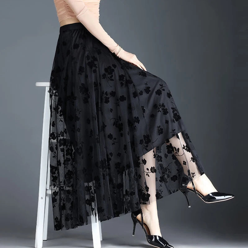 Mulheres coreanas saia de tule moda verão gancho floral solto midi saia elegante feminino casual todos os jogos saias de malha novo
