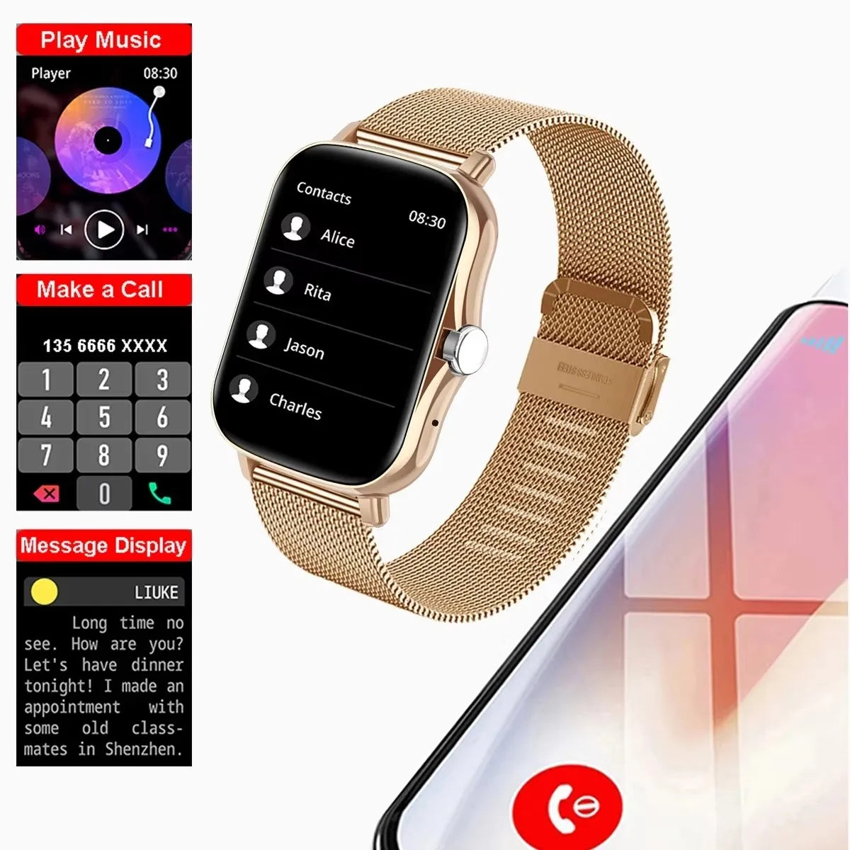 Relógio inteligente à prova d'água de 1.83 '', com mensagem, resposta, chamada, monitoramento do sono, pedômetro esportivo, alertas de informações para iPhone Android