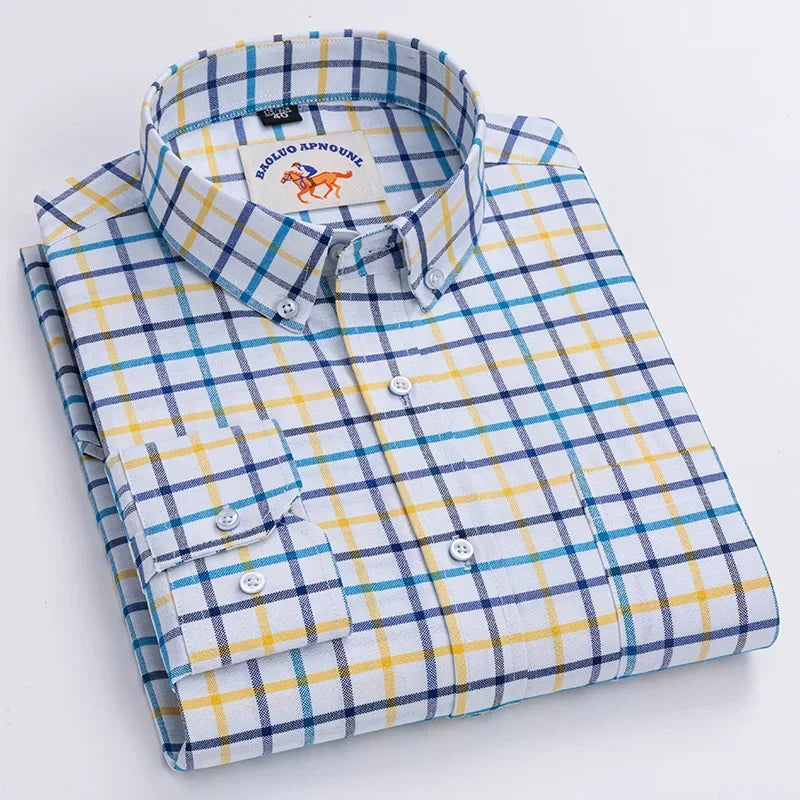 Casual puro algodão oxford camisas masculinas manga longa bordado cavalo design regular ajuste moda botão homem vestido branco camisa