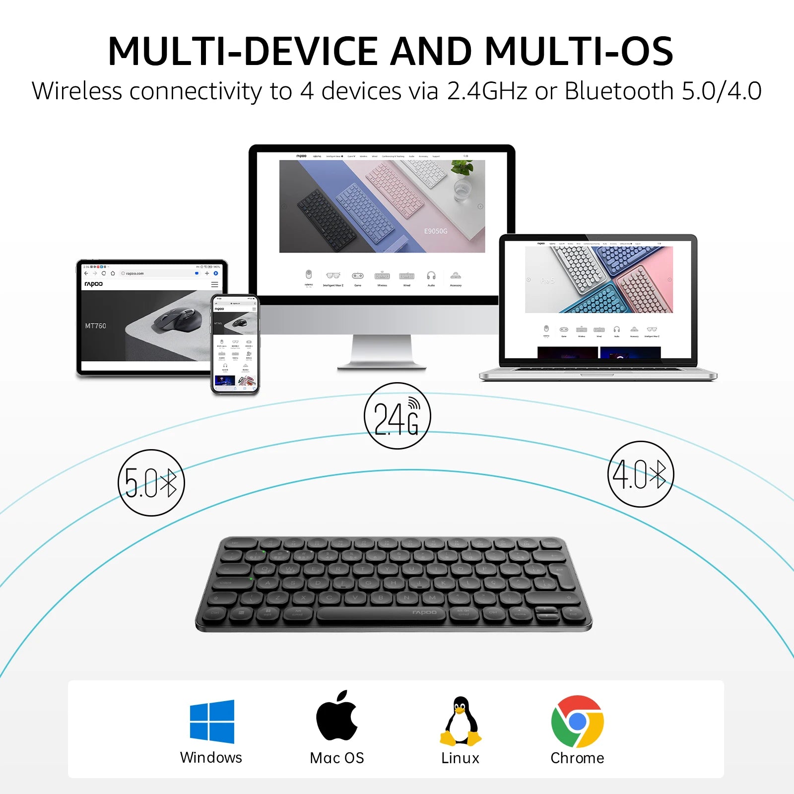 Rapoo E9050L/9010M ABNT2 Português Brasil Multi-Dispositivo Bluetooth Teclado Sem Fio Cor Preta com Chave Multimídia