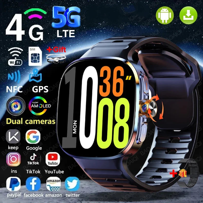 Relógio Inteligente 5G com Tela AMOLED HD de 720*720, Chamada de Vídeo, 8GB+128GB RAM, GPS, WIFI, Google Play, Relógio Inteligente com Previsão do Tempo