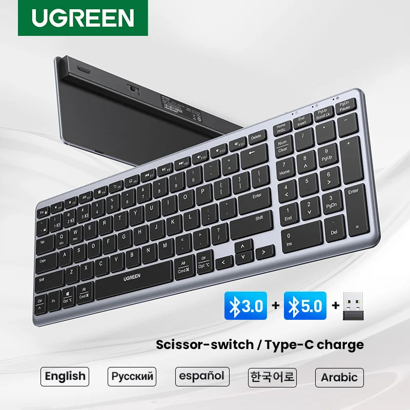 UGREEN-Teclado sem fio Bluetooth 5.0, russo, coreano, EN 99 Teclas para MacBook, iPad, PC, Tablet, USB C, Recarregável, 2.4G