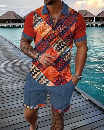 Agasalho de verão masculino terno esportivo conjunto 3d impresso casual manga curta t camisa lapela zip polo roupas masculinas jogging