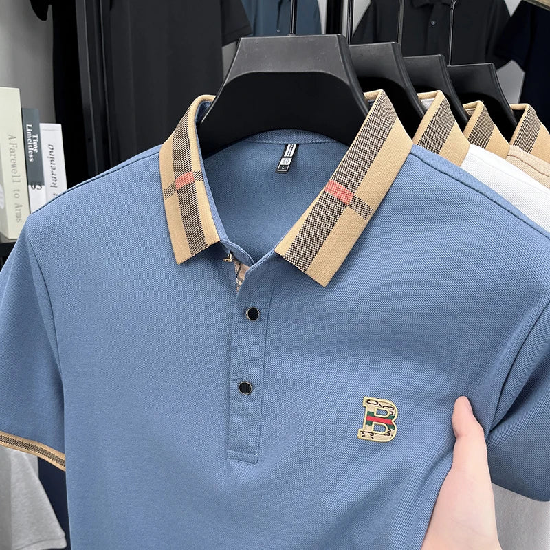 Verão masculino golfe moda 2025 camisa polo de manga curta design high-end requintado gelo seda bordado respirável camiseta