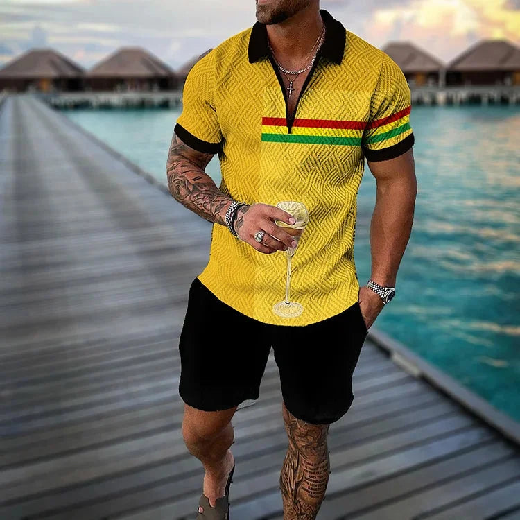 Agasalho de verão masculino terno esportivo conjunto 3d impresso casual manga curta t camisa lapela zip polo roupas masculinas jogging