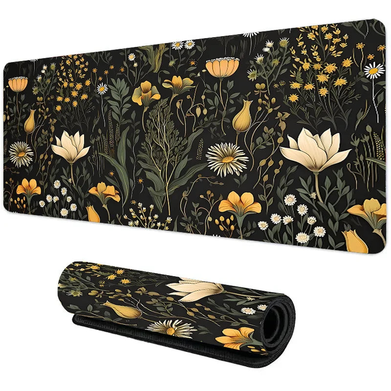 Tapete de mouse com planta floral verde botânica, tapete de mesa grande, acessórios de jogos antiderrapantes, bordas costuradas para escritório e casa