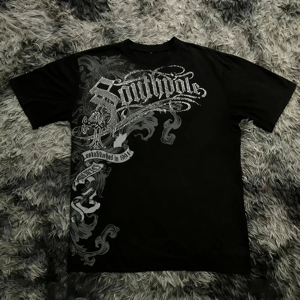 Clássico y2k estilo gótico camiseta impressão oversized t camisa camisas de rua alta gótico em torno do pescoço algodão topos nova camisa das mulheres dos homens