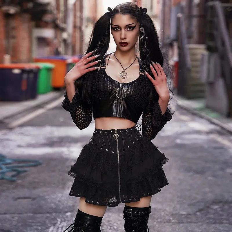 Patinador gótico punk vintage alta wasit saia feminina zíper frontal estilo japonês kawaii preto harajuku cosplay mini saias