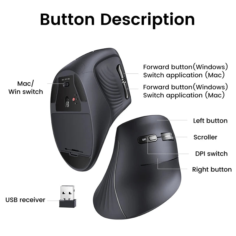 Ugreen mouse vertical sem fio bluetooth5.0 2.4g ergonômico 4000dpi 6 botões mudo para macbook tablet laptops computador pc ratos