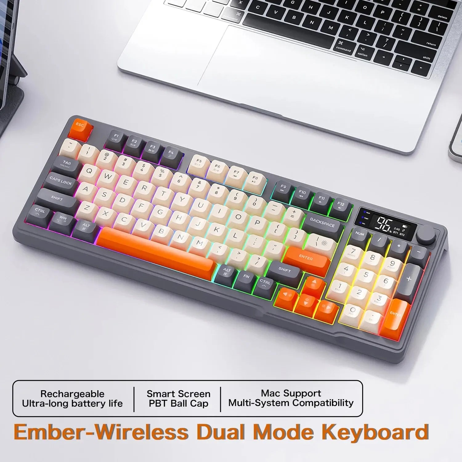 Teclado sem fio FreeWolf M96 com tela, teclado para jogos Bluetooth conexão de modo duplo, ligação multidispositivo, ergonômico