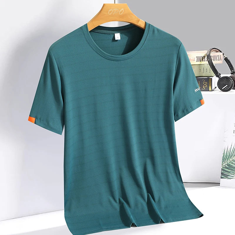 Verão masculino gelo seda camiseta moletom em torno do pescoço simples correndo terno de fitness fino respirável secagem rápida t