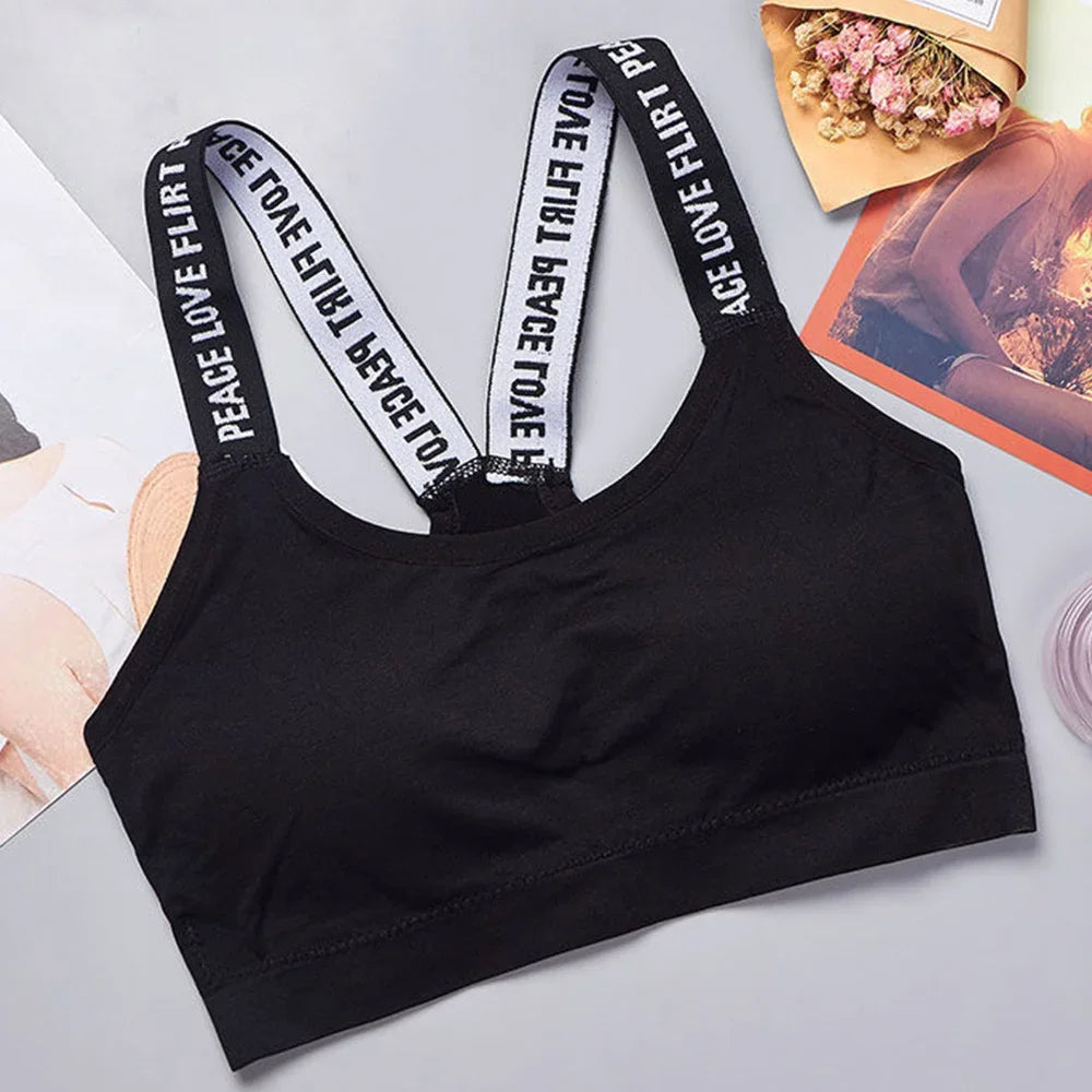 Roupa Íntima Esportiva Feminina, Top Cropped Sem Costura para Yoga e Fitness, Alças Largas com Letras, Confortável para Atividades Físicas, Sem Arame