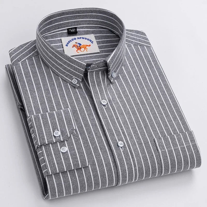 Casual puro algodão oxford camisas masculinas manga longa bordado cavalo design regular ajuste moda botão homem vestido branco camisa