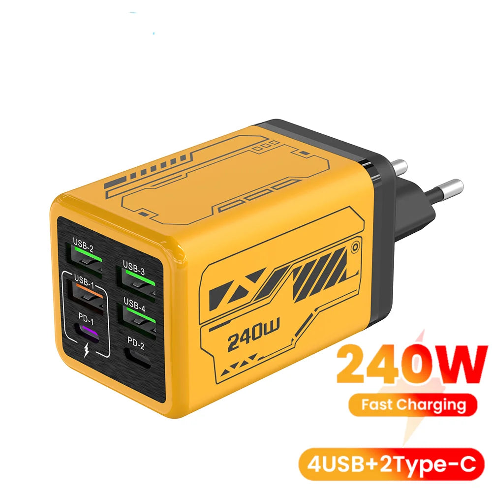 240w 6 portas 4usb + 2 tipo c carregamento super rápido carregador de telefone móvel usb3.0 pd3.0 ue/reino unido/eua carregador para iphone 17 16 samsung poco