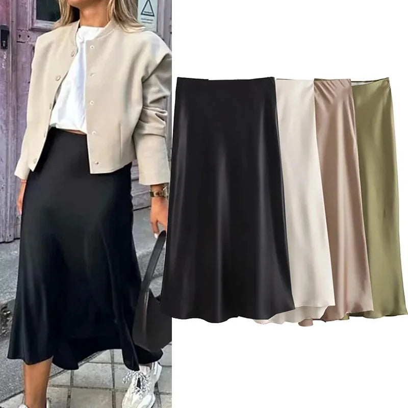 Willshela 2024 saia de cetim preto mulher cintura alta elegante saias longas para as mulheres moda verão midi saia escritório saias femininas