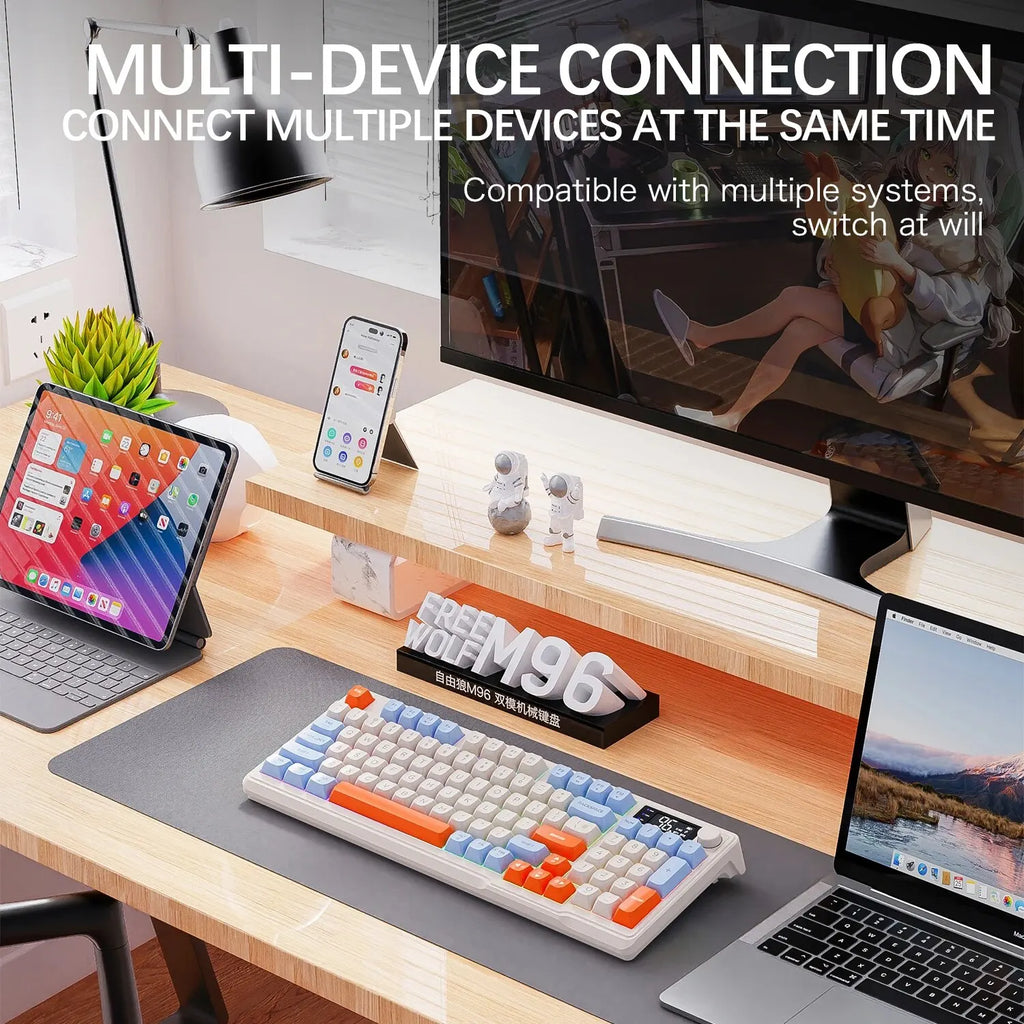 Teclado sem fio FreeWolf M96 com tela, teclado para jogos Bluetooth conexão de modo duplo, ligação multidispositivo, ergonômico