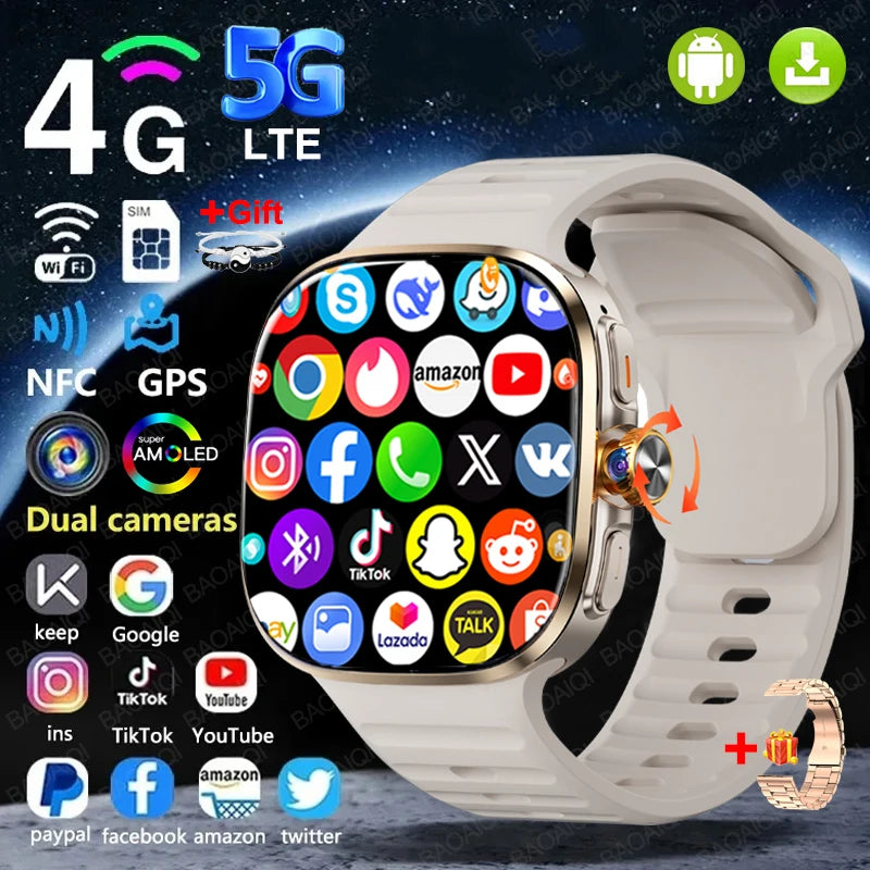 Relógio Inteligente 5G com Tela AMOLED HD de 720*720, Chamada de Vídeo, 8GB+128GB RAM, GPS, WIFI, Google Play, Relógio Inteligente com Previsão do Tempo