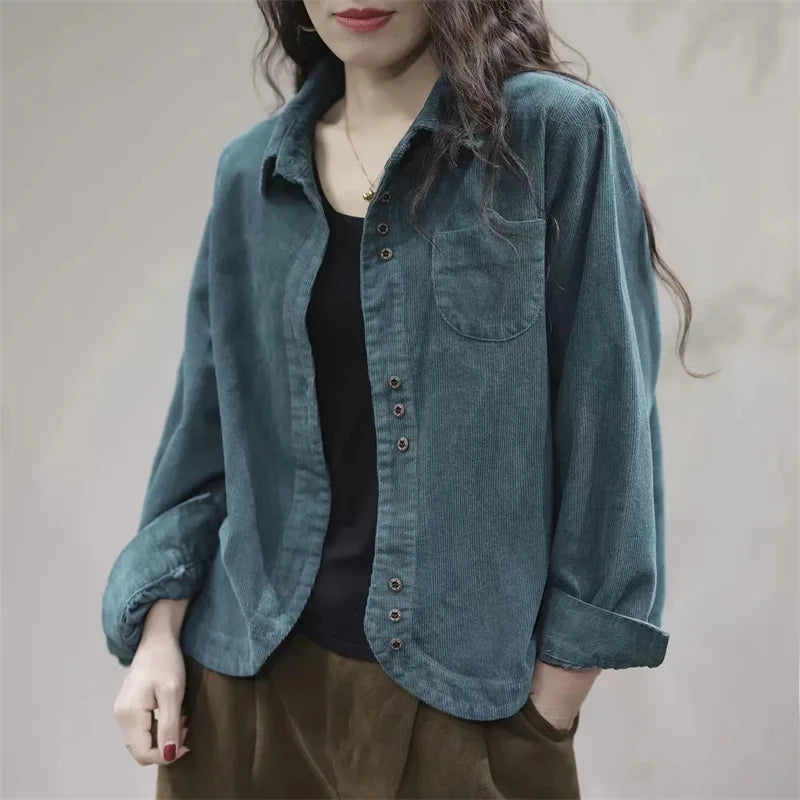 Camisa Feminina de Corduroy com Gola Lapela e Manga Longa, Estilo Cardigã Curto, Nova Coleção Primavera Outono 2026, Moda Artística e Casual
