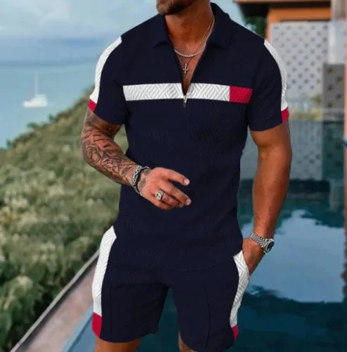 Agasalho de verão masculino terno esportivo conjunto 3d impresso casual manga curta t camisa lapela zip polo roupas masculinas jogging