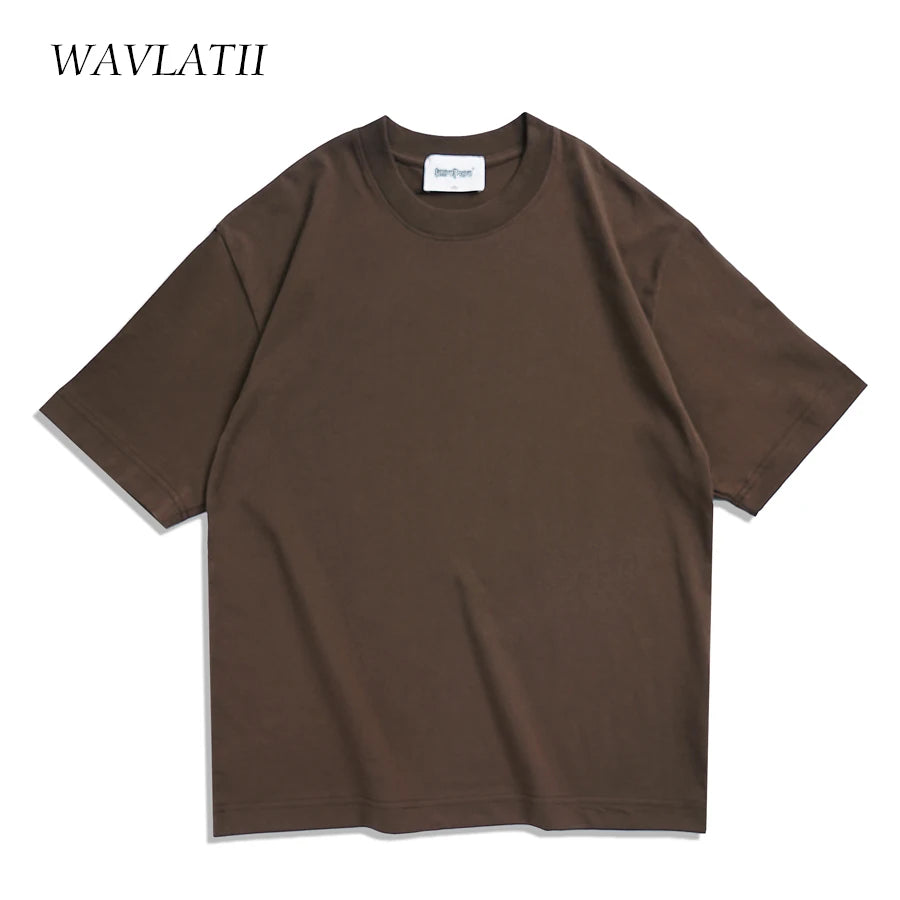 Wavlatii camisetas de verão de grandes dimensões para mulheres homens marrom casual feminino coreano streetwear camisetas unissex básico sólido jovem legal topos