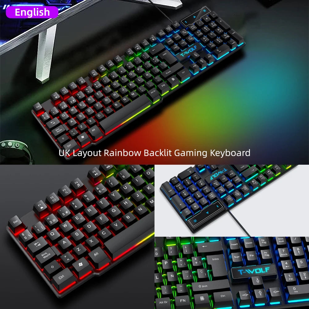Teclado com Fio T20, Acessórios para Computador, Teclado Russo e Espanhol, USB, Retroiluminado RGB, Teclas Mecânicas, Padrão 104 Teclas