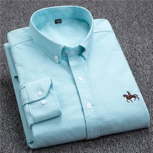 Casual puro algodão oxford camisas masculinas manga longa bordado cavalo design regular ajuste moda botão homem vestido branco camisa