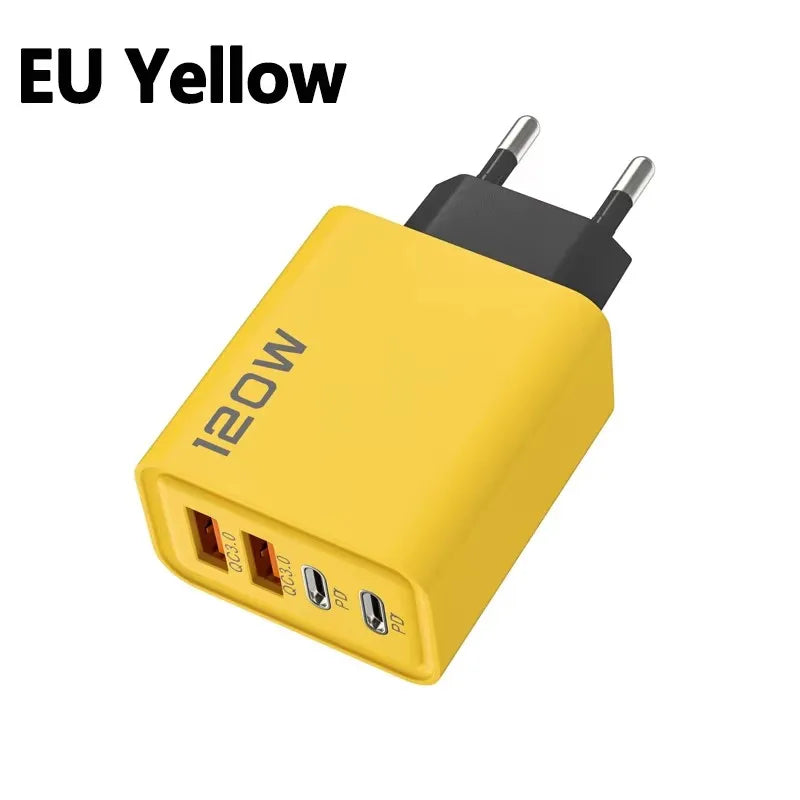 Carregador de 4 portas 120W com Quick Charge 3.0, USB C PD Tipo C, carregador de celular com carregamento rápido para iPhone, Samsung, Xiaomi, Huawei
