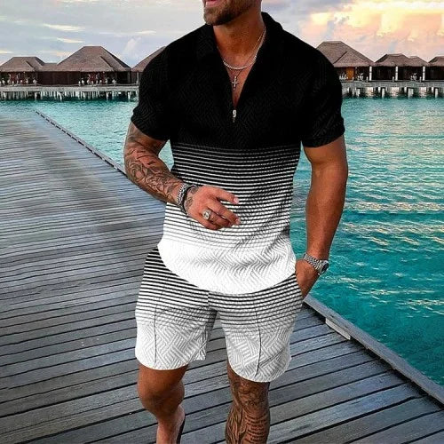 Agasalho de verão masculino terno esportivo conjunto 3d impresso casual manga curta t camisa lapela zip polo roupas masculinas jogging