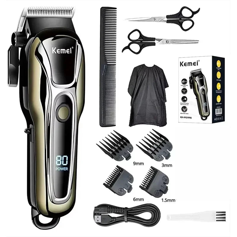 Kemei pg1990a máquina de cortar cabelo recarregável ou pentes limite profissional sem fio aparador de cabelo masculino máquina de corte de cabelo barbeiro