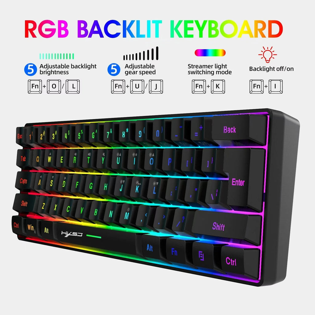 Teclado para jogos com fio 60%, mini teclado ultra compacto com luz de fundo RGB, teclado pequeno e compacto de 61 teclas à prova d'água para jogadores de PC/Mac