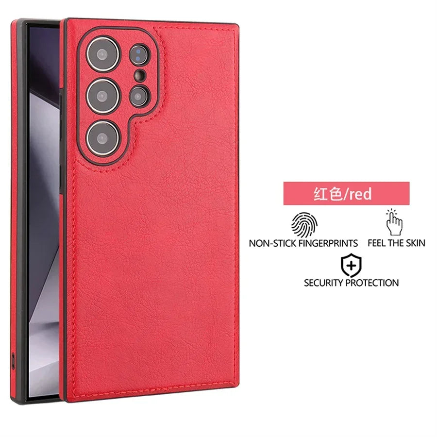Capa de Couro PU Vintage de Luxo para Samsung S26 Ultra S25 S24 Plus S23 S22 S26Ultra, Capa Traseira Fina e Antichoque com Bumper Macio para Câmera