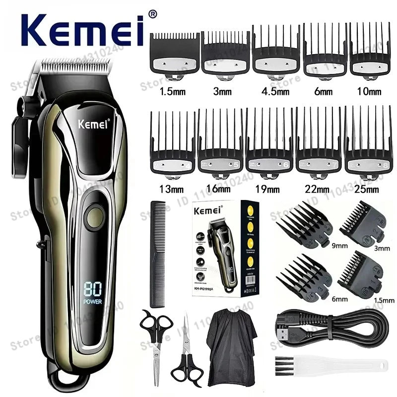 Máquina de Cortar Cabelo Elétrica Multifuncional Kemei Km-PG1990A, Aparador Recarregável Profissional com Cabeça Ajustável
