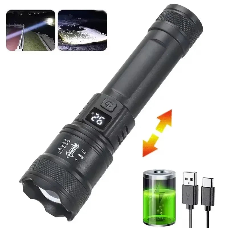 Lanternas LED de Alta Potência com Display, Tocha Tática, Luz de Display, Carregamento USB, Camping, Pesca, Defensa Zoom Lanterna, 300000LM