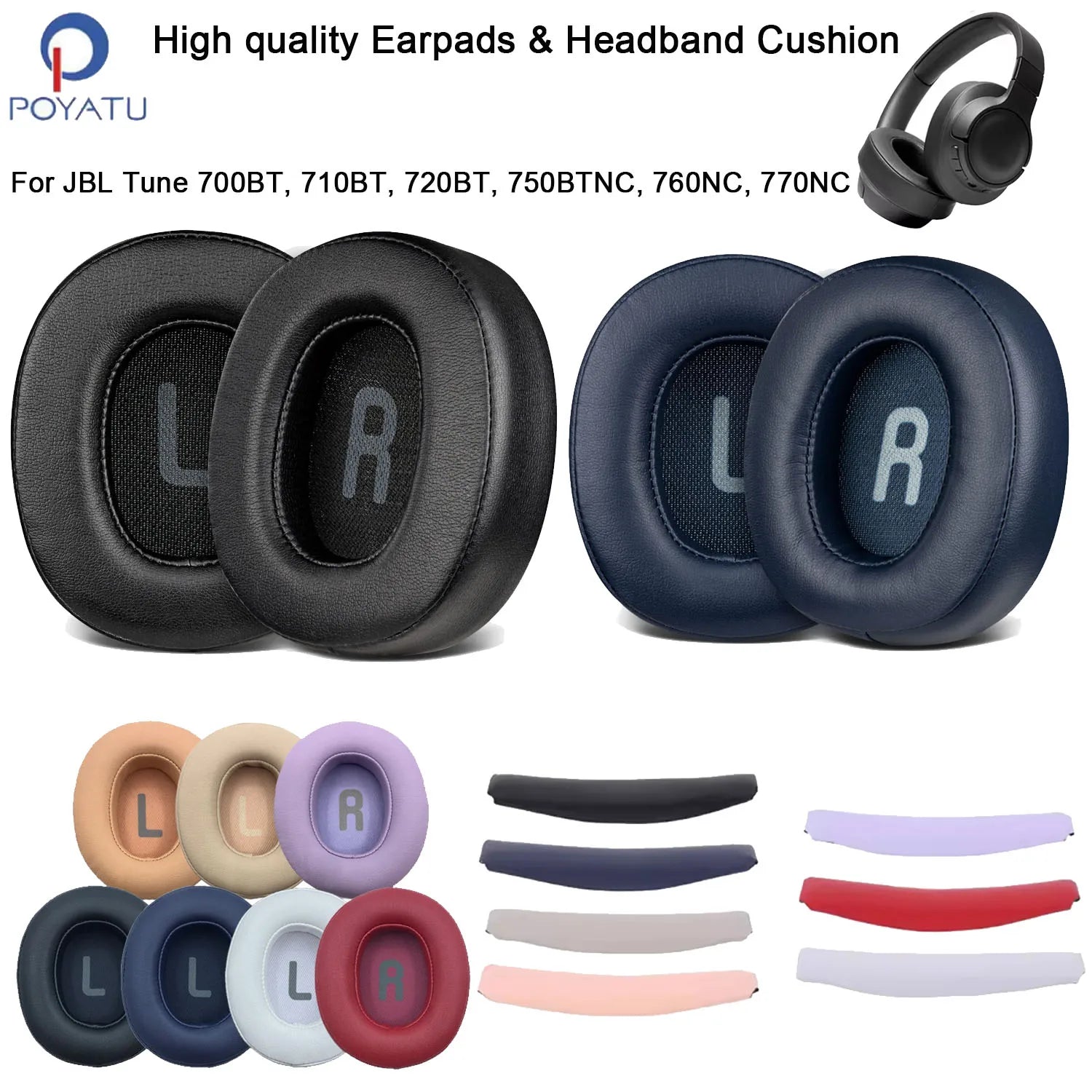 Almofadas e faixa de cabeça para fones de ouvido jbl tune 700bt, 710bt, 720bt, 750btnc, 760nc, 770nc, substituição de almofadas de ouvido