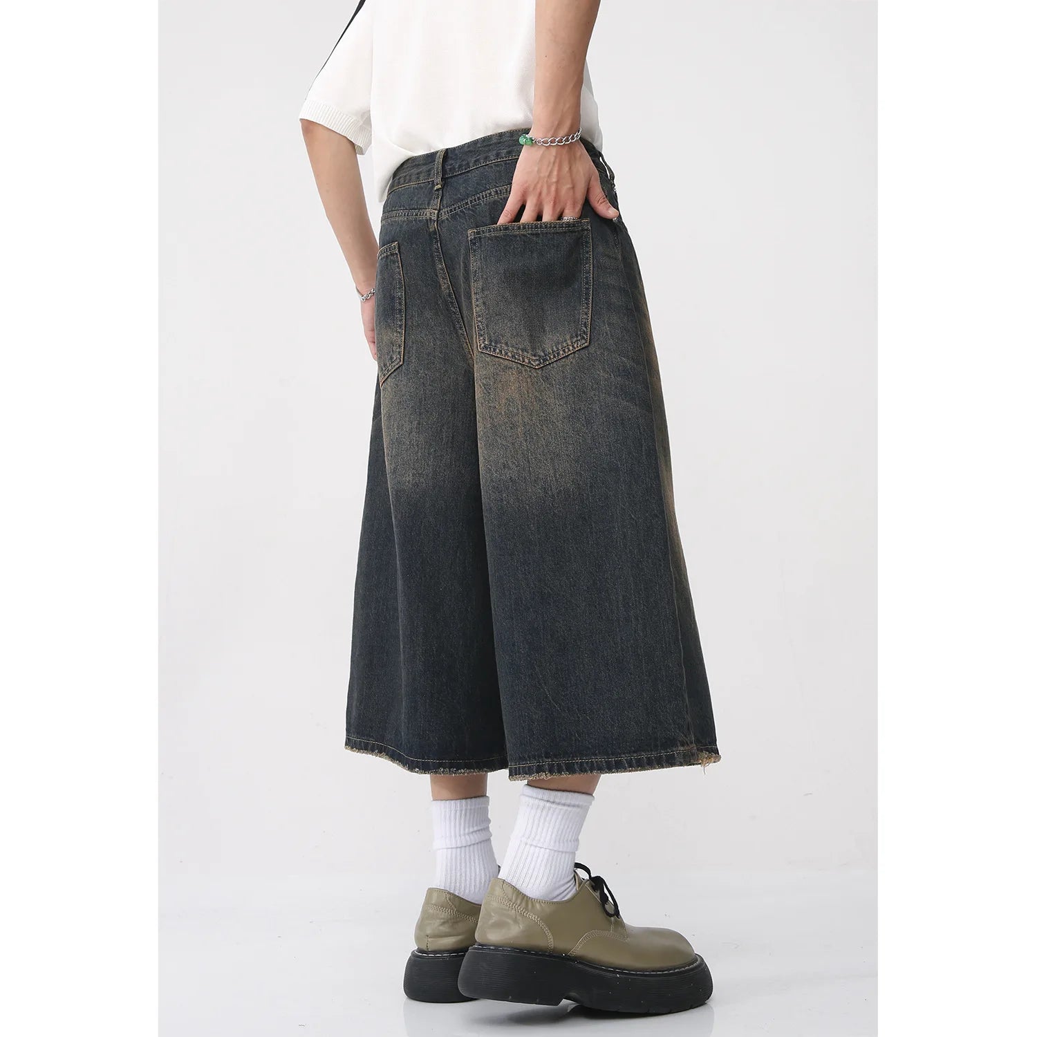 Shorts Jeans Baggy Vintage Y2K de Cintura Alta com Perna Larga para Mulheres e Homens - Moda Oversize na Altura do Joelho