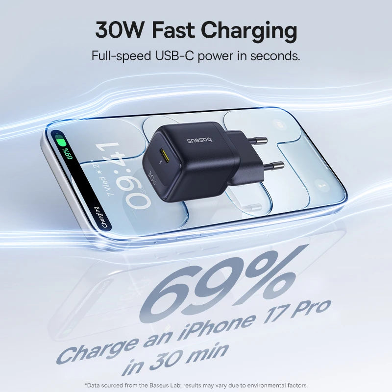 Carregador Baseus 30W GaN PD Carregador Rápido PD3.0 QC3.0 para Celulares e Tablets Tipo C