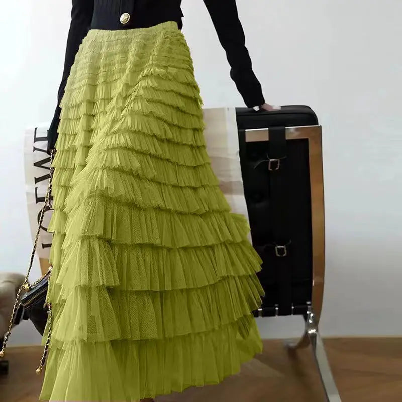 Saia de Camadas em Tule Estilo Princesa com Cintura Elástica, Vestido Longo Estilo Coreano, Saia Midi de Cintura Alta em Teci...