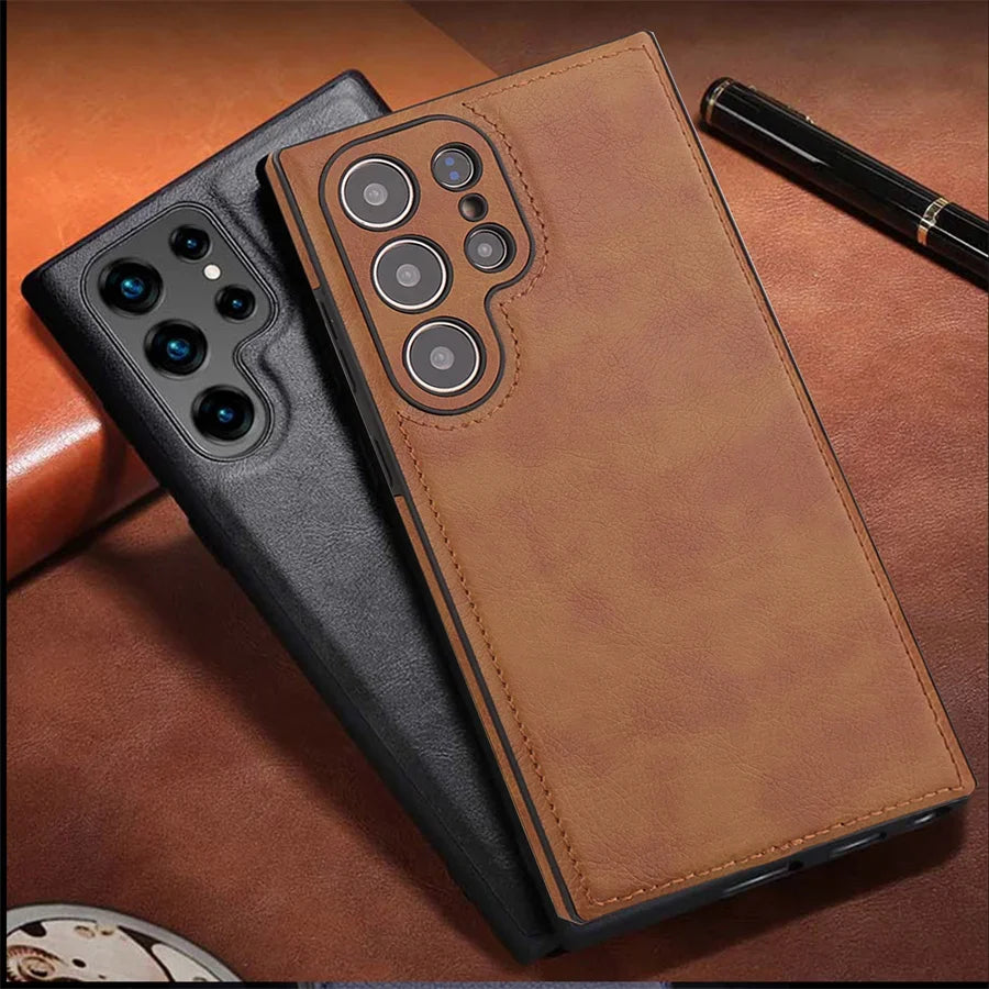 Capa de Couro PU Vintage de Luxo para Samsung S26 Ultra S25 S24 Plus S23 S22 S26Ultra, Capa Traseira Fina e Antichoque com Bumper Macio para Câmera