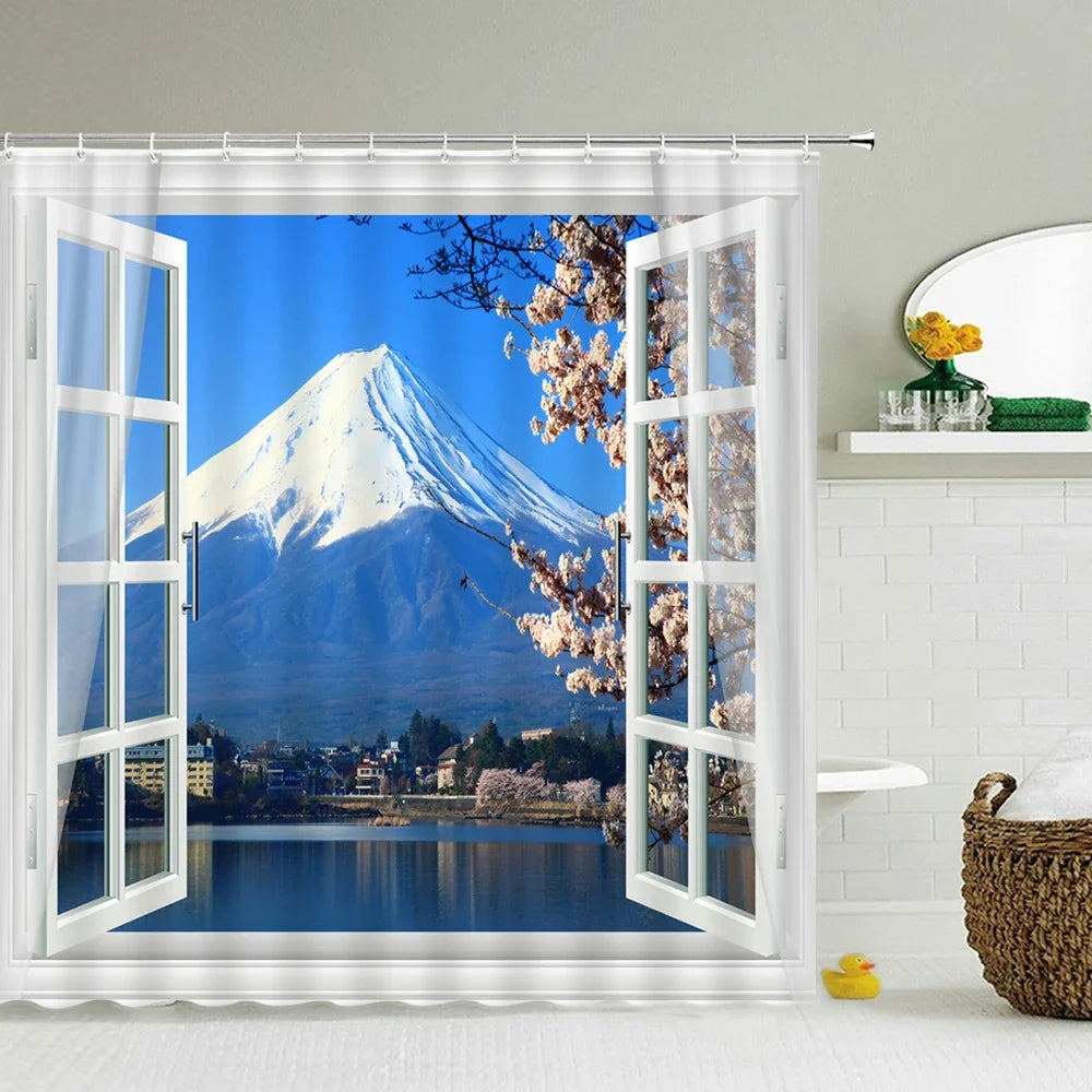 Cortina de banho 3d impressão janela cenário floresta cortinas de chuveiro 180*200cm à prova dwaterproof água cortina do banheiro tecido lavável com ganchos