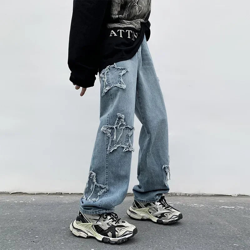 2025 nova moda estrelas toalha bordado marrom calças jeans masculinas y2k roupas retas hip hop calças de algodão pantalon homme