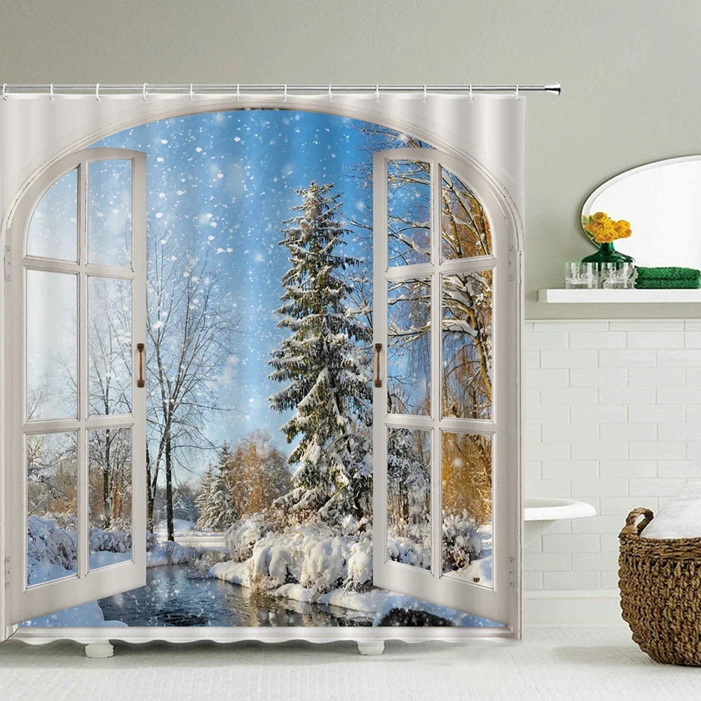 Cortina de banho 3d impressão janela cenário floresta cortinas de chuveiro 180*200cm à prova dwaterproof água cortina do banheiro tecido lavável com ganchos