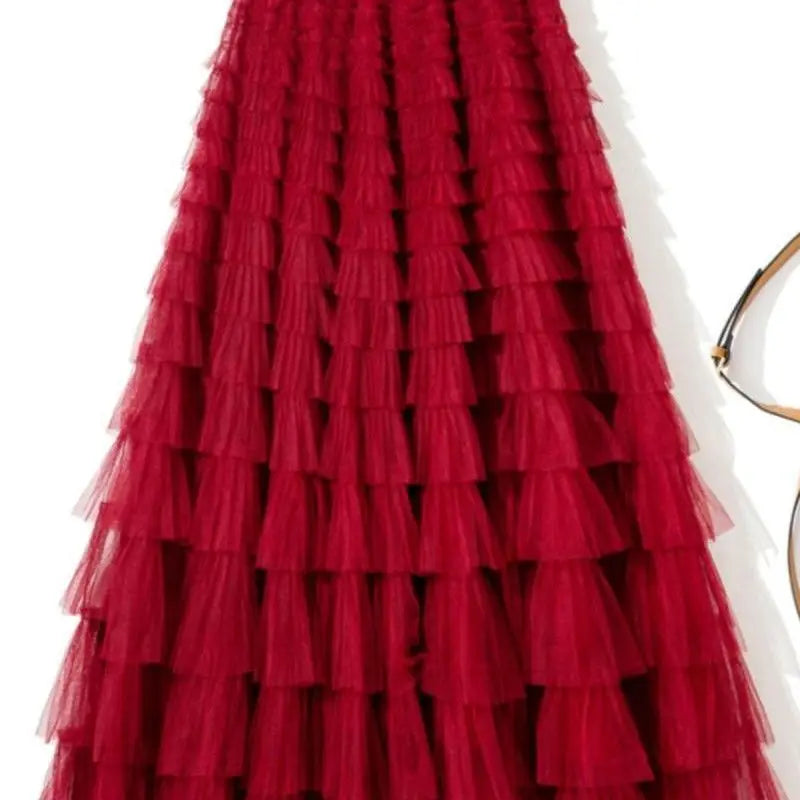 Saia de Camadas em Tule Estilo Princesa com Cintura Elástica, Vestido Longo Estilo Coreano, Saia Midi de Cintura Alta em Teci...