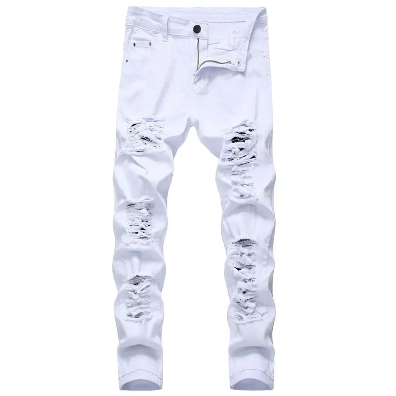 2025 Buraco Denim Calças Maré Marca dos homens Ruined Hole Jeans Sólido Slim All-match High Street Hip Hop Calças Vermelho Branco Tamanho Grande