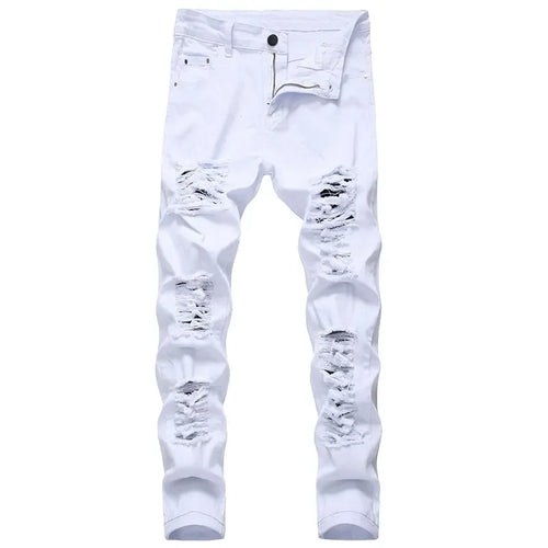 2025 Buraco Denim Calças Maré Marca dos homens Ruined Hole Jeans Sólido Slim All-match High Street Hip Hop Calças Vermelho Branco Tamanho Grande