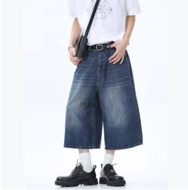 Shorts Jeans Baggy Vintage Y2K de Cintura Alta com Perna Larga para Mulheres e Homens - Moda Oversize na Altura do Joelho
